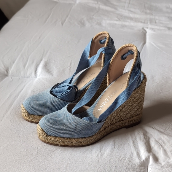 Stuart Weitzman Shoes - Stuart Weitzman Light Blue Denim Espadrille Wedge Sandals with Ankle Wraps
